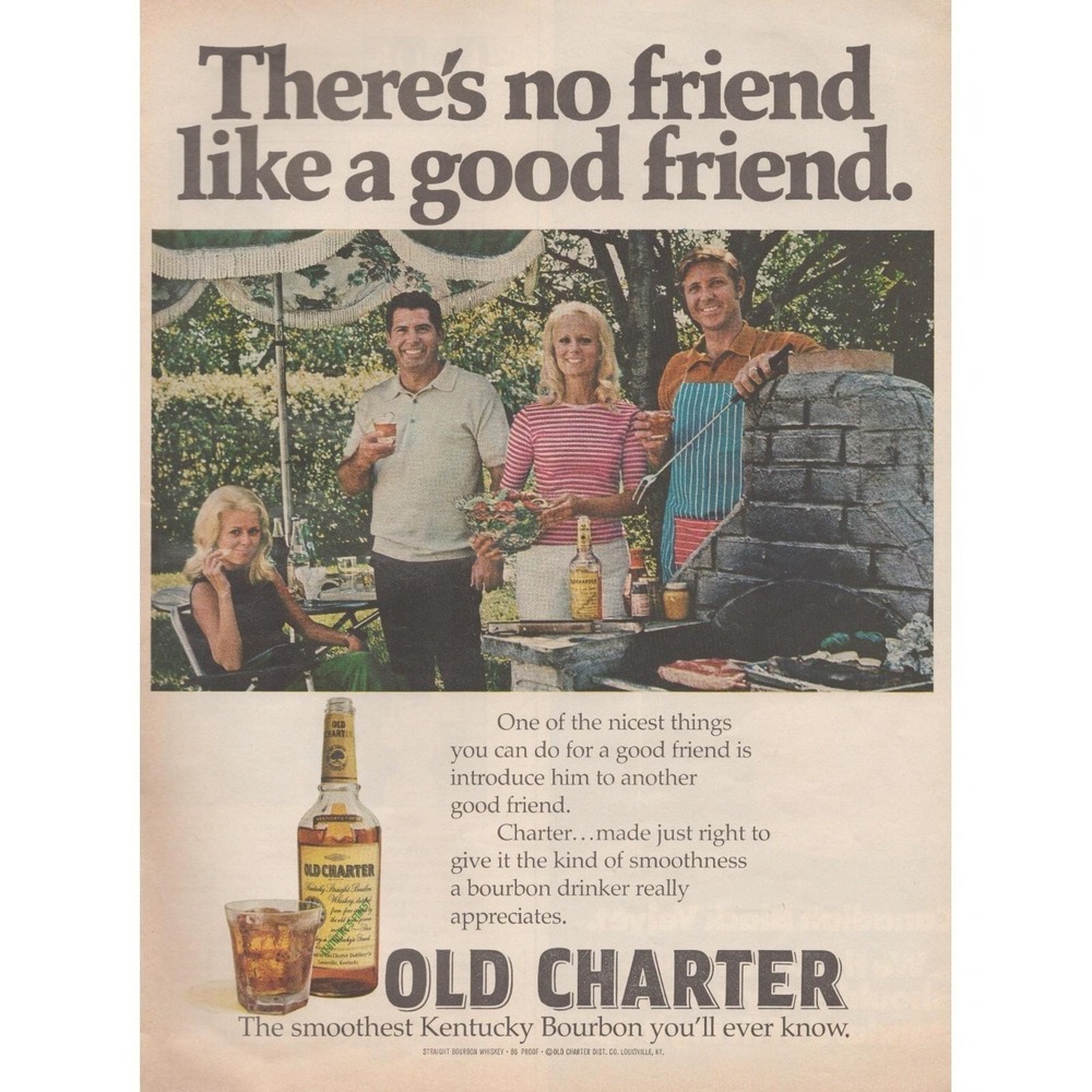 1971 Vintage Print Ad Old Charter Bourbon Kentucky Whiskey Barbecue Friends MCM